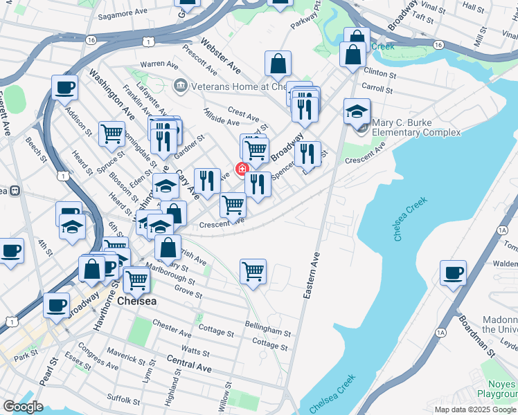 map of restaurants, bars, coffee shops, grocery stores, and more near 130 Crescent Avenue in Chelsea