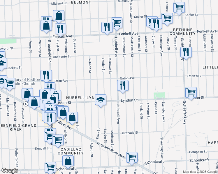 map of restaurants, bars, coffee shops, grocery stores, and more near 14607 Marlowe Street in Detroit