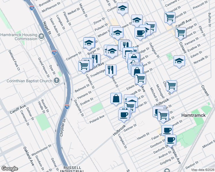map of restaurants, bars, coffee shops, grocery stores, and more near 2300 Yemans Street in Hamtramck