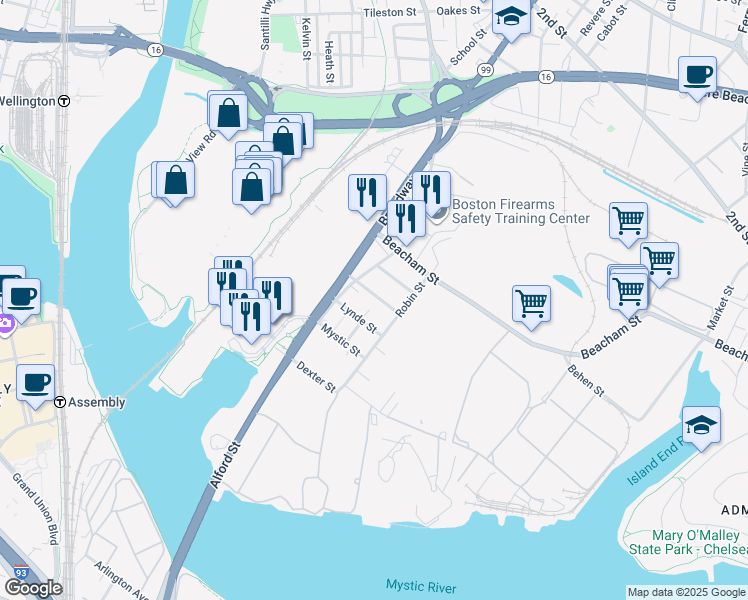 map of restaurants, bars, coffee shops, grocery stores, and more near 23R Thorndike Street in Everett