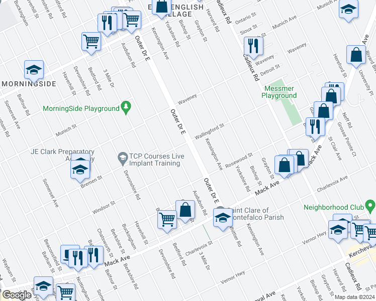 map of restaurants, bars, coffee shops, grocery stores, and more near 13016 Outer Drive East in Detroit