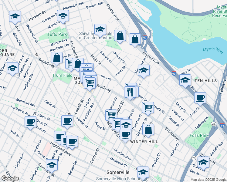 map of restaurants, bars, coffee shops, grocery stores, and more near 427 Broadway in Somerville