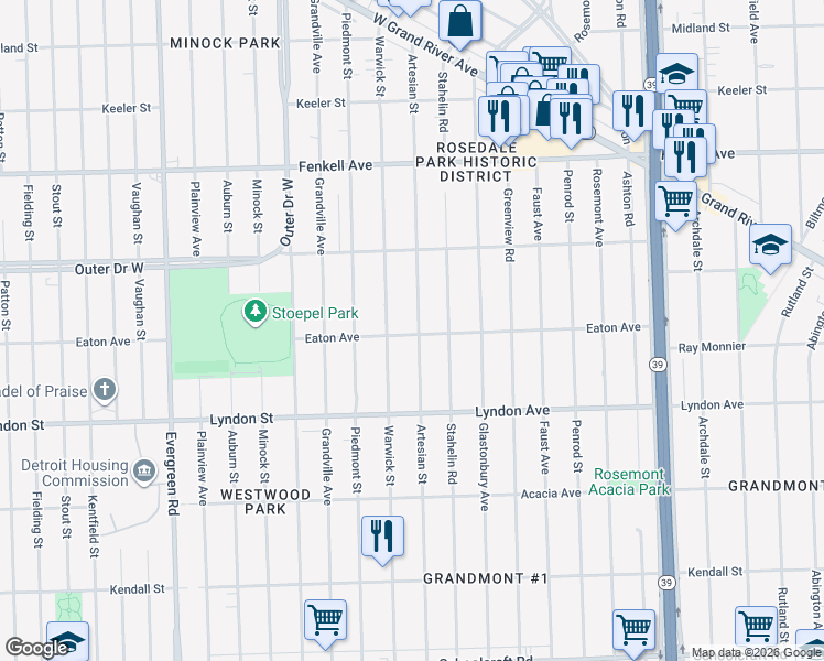 map of restaurants, bars, coffee shops, grocery stores, and more near 14801 Artesian St in Detroit