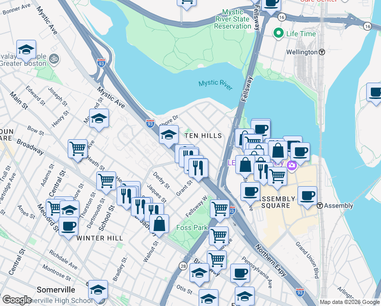 map of restaurants, bars, coffee shops, grocery stores, and more near 67 Bailey Road in Somerville