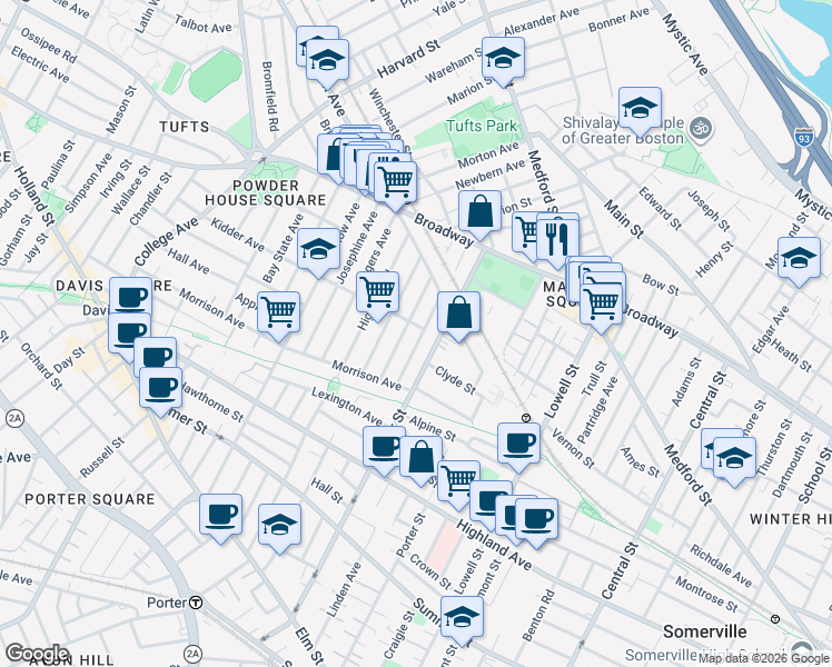 map of restaurants, bars, coffee shops, grocery stores, and more near 48 Boston Avenue in Somerville