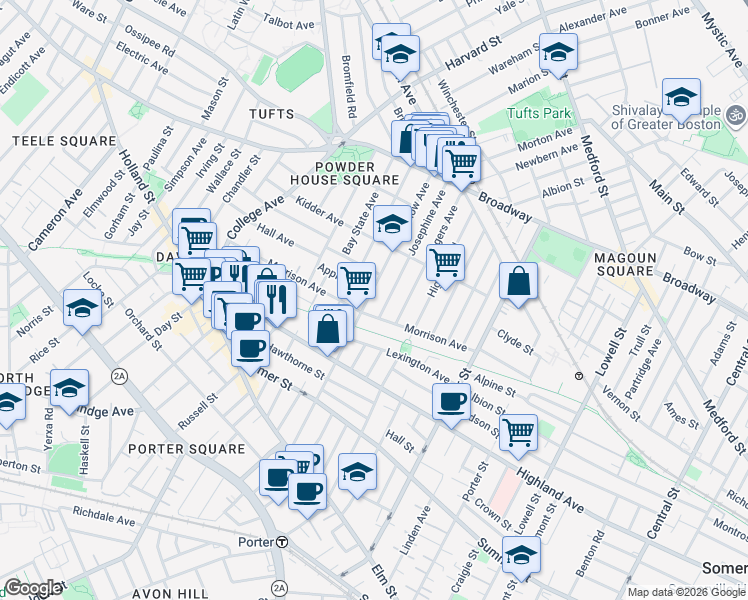 map of restaurants, bars, coffee shops, grocery stores, and more near 12 Josephine Avenue in Somerville