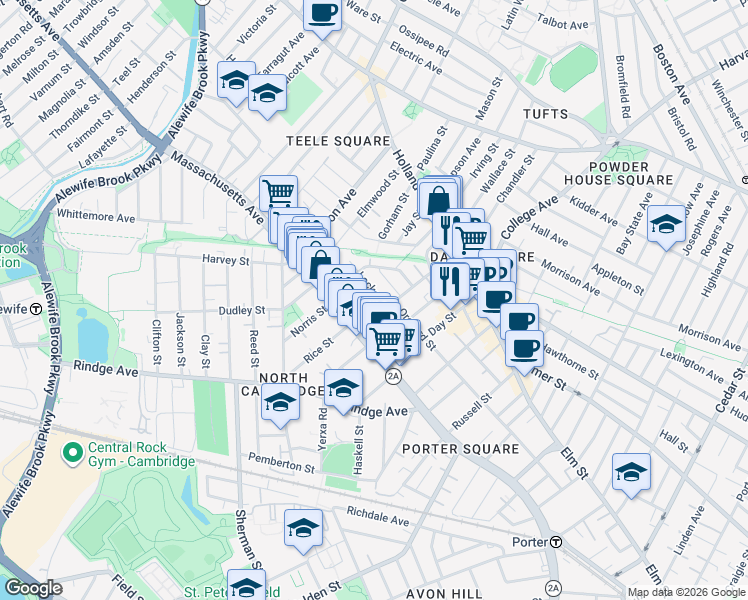 map of restaurants, bars, coffee shops, grocery stores, and more near 9 Locke Street in Cambridge