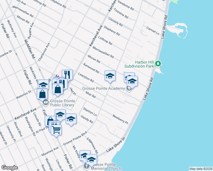 map of restaurants, bars, coffee shops, grocery stores, and more near 60 Lewiston Road in Grosse Pointe Farms