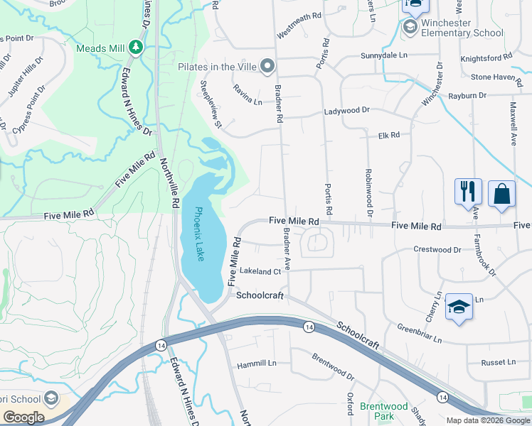 map of restaurants, bars, coffee shops, grocery stores, and more near 42500 Five Mile Road in Plymouth