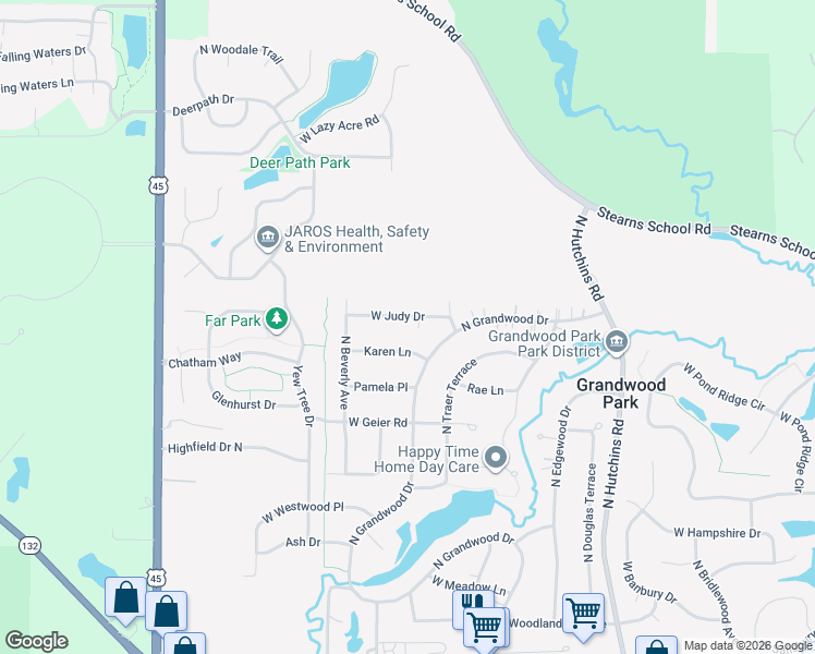 map of restaurants, bars, coffee shops, grocery stores, and more near 18583 West Judy Drive in Gurnee