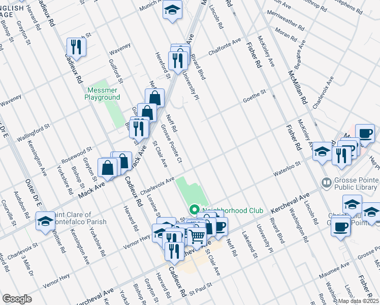 map of restaurants, bars, coffee shops, grocery stores, and more near 822 Neff Road in Grosse Pointe