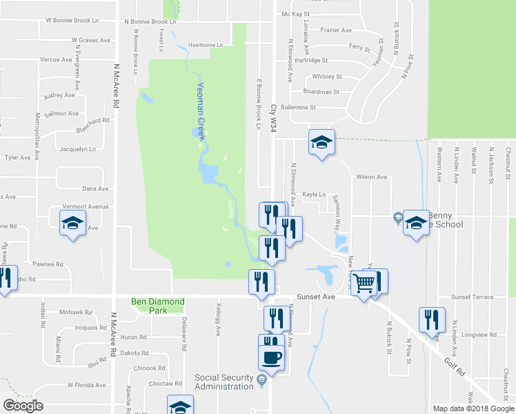 map of restaurants, bars, coffee shops, grocery stores, and more near 2416 North Lewis Avenue in Waukegan