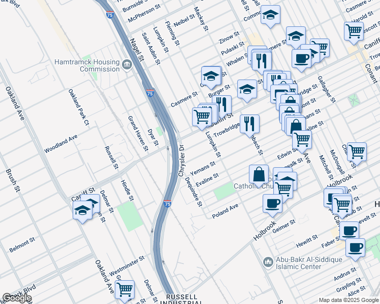 map of restaurants, bars, coffee shops, grocery stores, and more near 1954 Trowbridge Street in Hamtramck