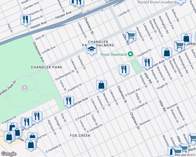 map of restaurants, bars, coffee shops, grocery stores, and more near 14200 Frankfort Street in Detroit