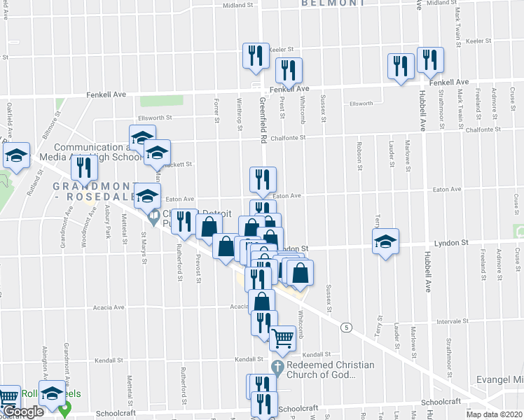 map of restaurants, bars, coffee shops, grocery stores, and more near 14625 Greenfield Rd in Detroit