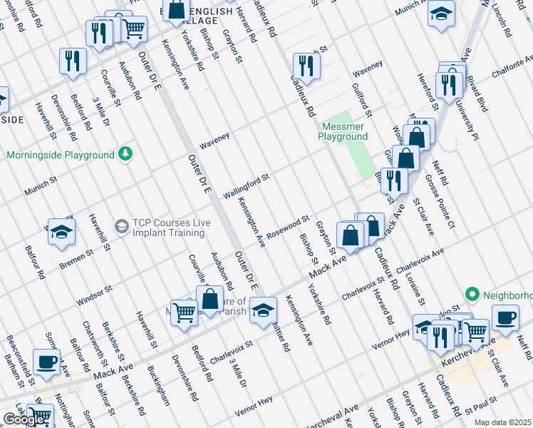 map of restaurants, bars, coffee shops, grocery stores, and more near 3865 Yorkshire Road in Detroit