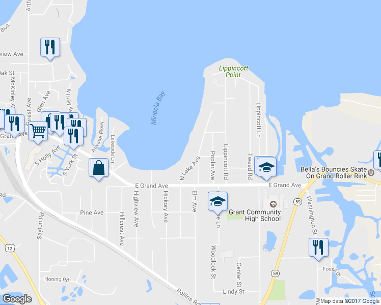 map of restaurants, bars, coffee shops, grocery stores, and more near 24 North Lake Avenue in Fox Lake
