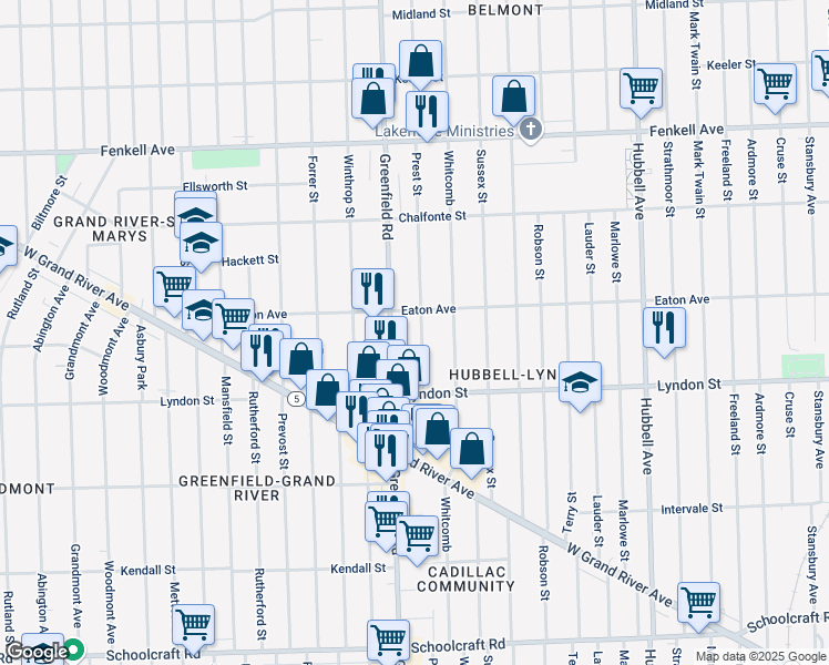 map of restaurants, bars, coffee shops, grocery stores, and more near 14625 Prest Street in Detroit