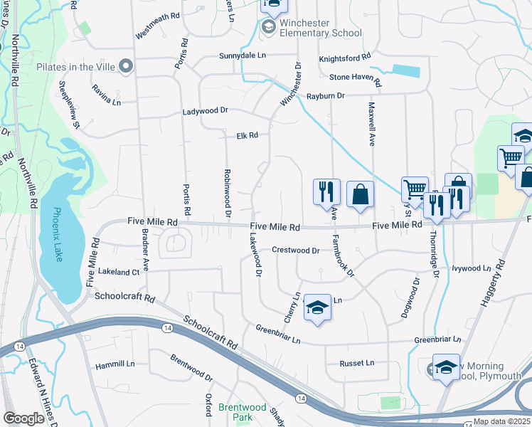 map of restaurants, bars, coffee shops, grocery stores, and more near 41639 Laurel Oaks Court in Plymouth