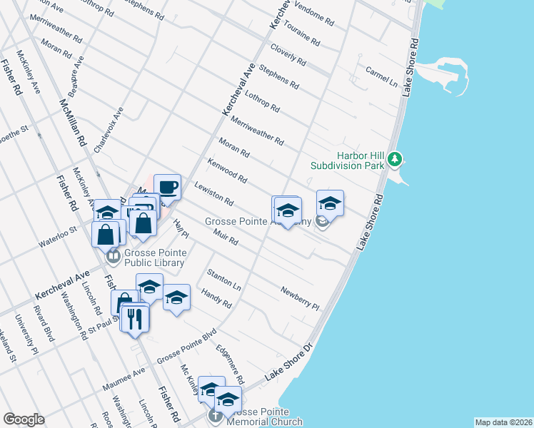 map of restaurants, bars, coffee shops, grocery stores, and more near 60 Lewiston Road in Grosse Pointe Farms