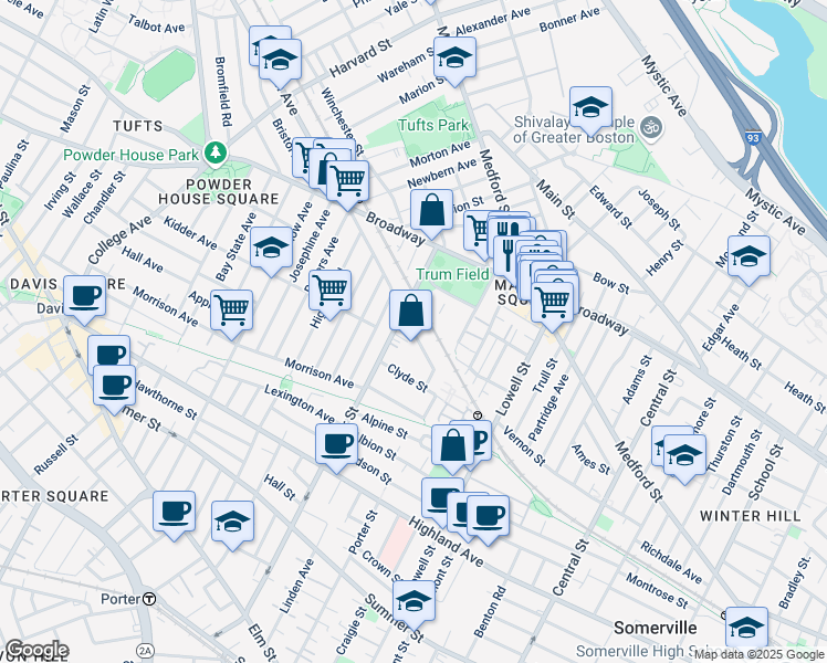 map of restaurants, bars, coffee shops, grocery stores, and more near 11 Murdock Street in Somerville