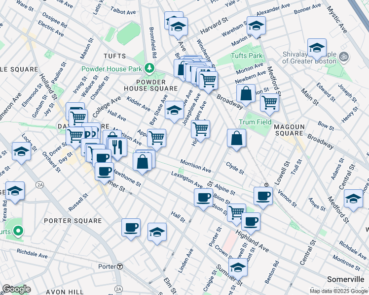 map of restaurants, bars, coffee shops, grocery stores, and more near 23 Rogers Avenue in Somerville