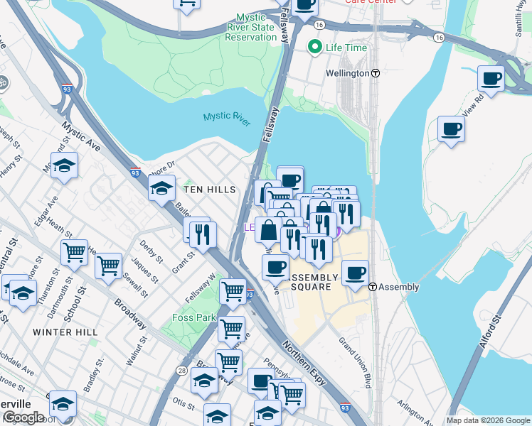 map of restaurants, bars, coffee shops, grocery stores, and more near 165 Middlesex Avenue in Somerville