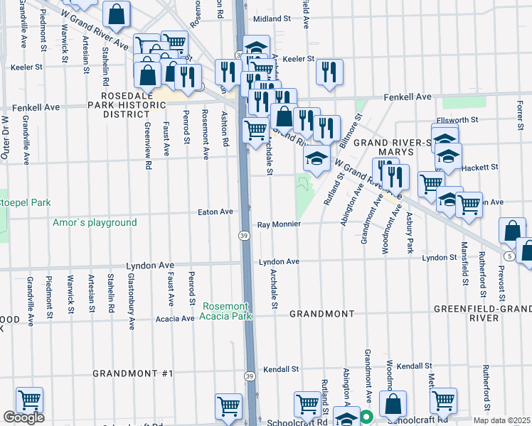 map of restaurants, bars, coffee shops, grocery stores, and more near 14631 Archdale Street in Detroit
