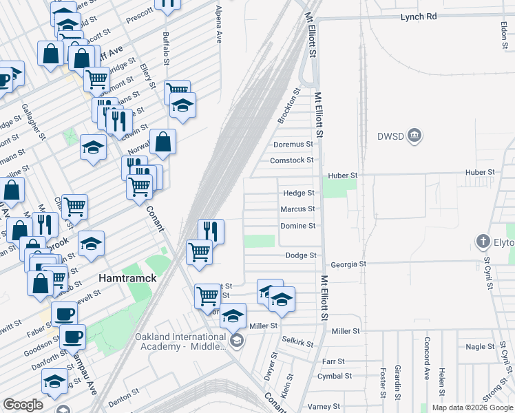 map of restaurants, bars, coffee shops, grocery stores, and more near 5939 Marcus Street in Detroit