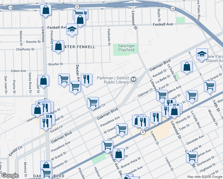 map of restaurants, bars, coffee shops, grocery stores, and more near 3022 Kendall Street in Detroit