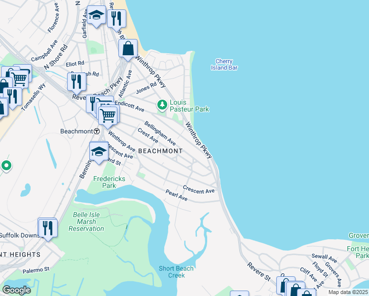 map of restaurants, bars, coffee shops, grocery stores, and more near 198 Bellingham Avenue in Revere