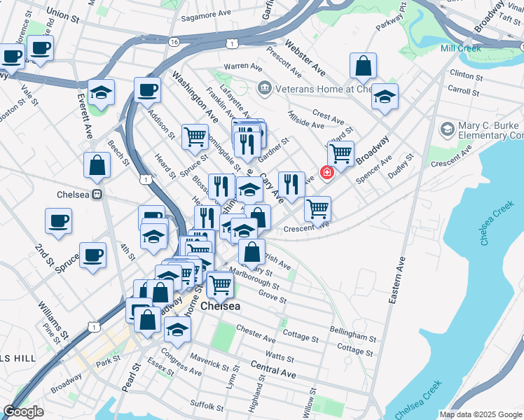 map of restaurants, bars, coffee shops, grocery stores, and more near 8 Clark Avenue in Chelsea