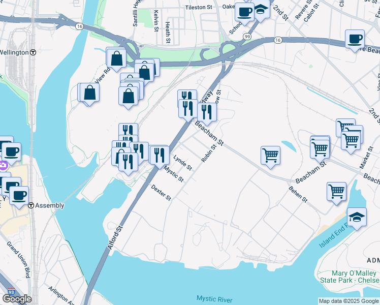 map of restaurants, bars, coffee shops, grocery stores, and more near 23R Thorndike Street in Everett