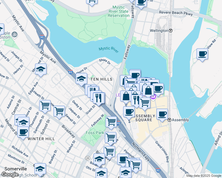 map of restaurants, bars, coffee shops, grocery stores, and more near 46 Ten Hills Road in Somerville