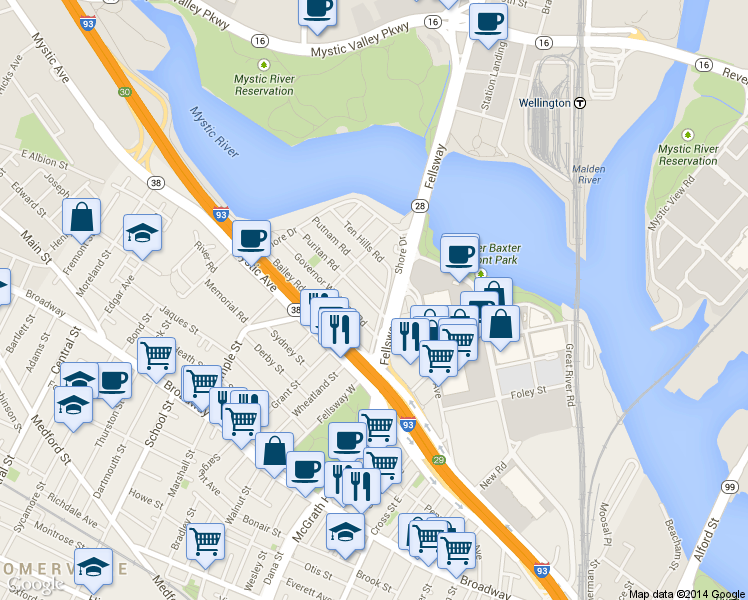 map of restaurants, bars, coffee shops, grocery stores, and more near 20 Puritan Road in Somerville