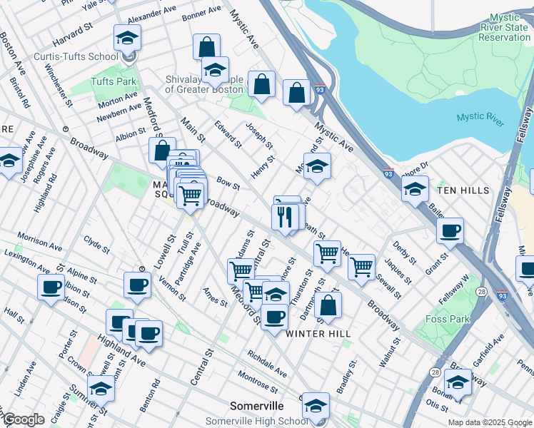 map of restaurants, bars, coffee shops, grocery stores, and more near 33 Main Street in Somerville