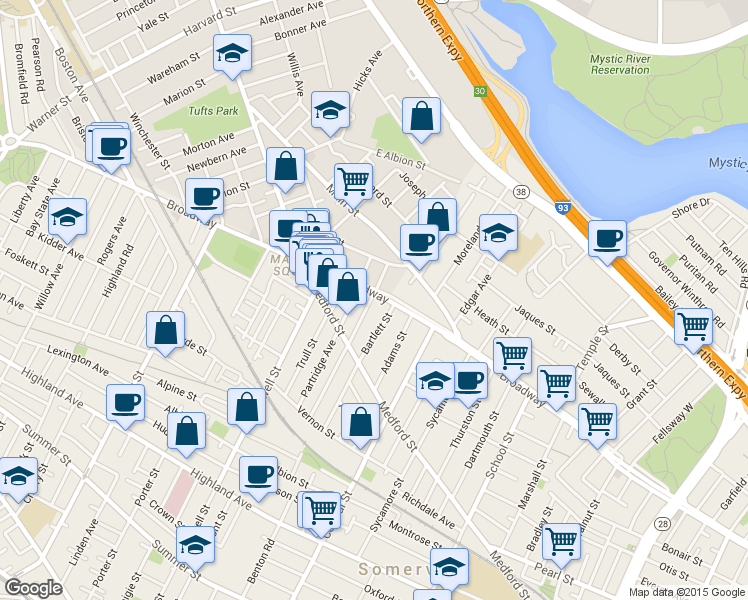 map of restaurants, bars, coffee shops, grocery stores, and more near 112 Glenwood Road in Somerville