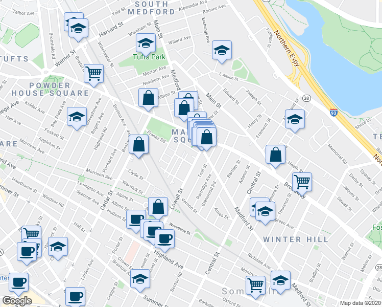 map of restaurants, bars, coffee shops, grocery stores, and more near 5 Lowell Terrace in Somerville