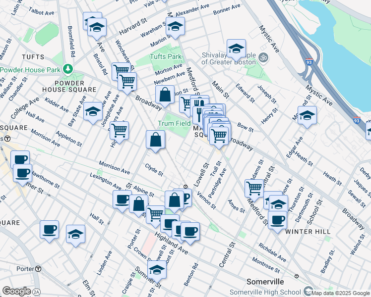 map of restaurants, bars, coffee shops, grocery stores, and more near in Somerville