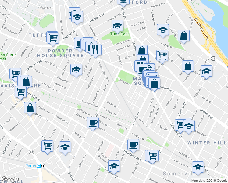 map of restaurants, bars, coffee shops, grocery stores, and more near 11 Murdock Street in Somerville