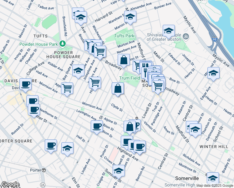 map of restaurants, bars, coffee shops, grocery stores, and more near 11 Murdock Street in Somerville