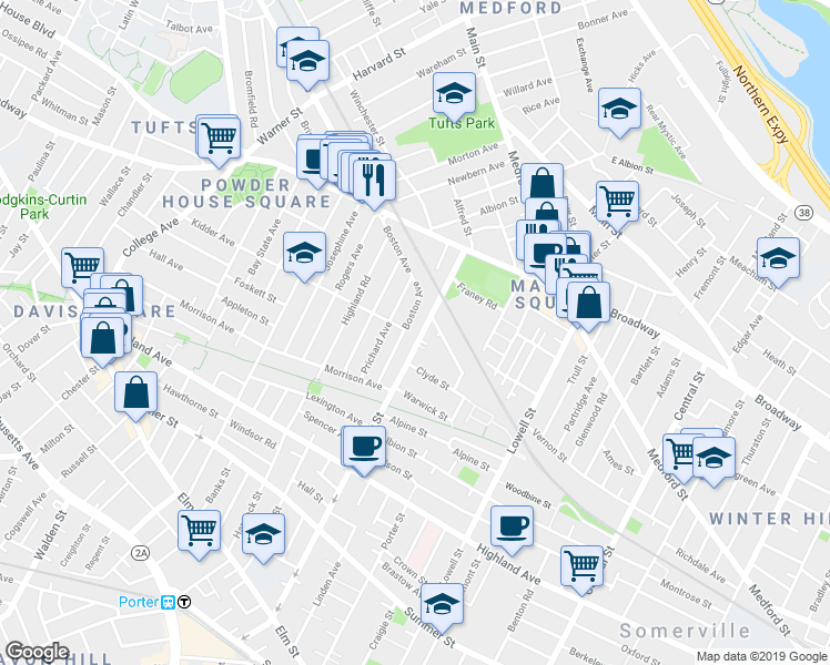 map of restaurants, bars, coffee shops, grocery stores, and more near 48 Boston Avenue in Somerville