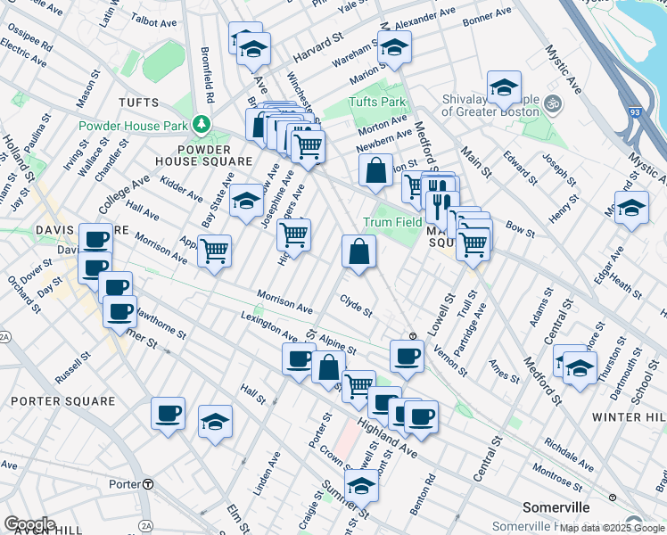 map of restaurants, bars, coffee shops, grocery stores, and more near 48 Boston Avenue in Somerville