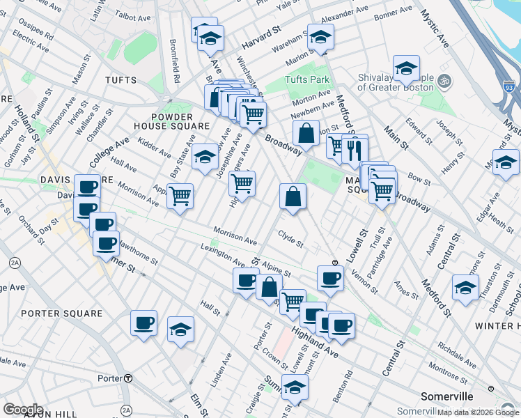 map of restaurants, bars, coffee shops, grocery stores, and more near 48 Boston Avenue in Somerville