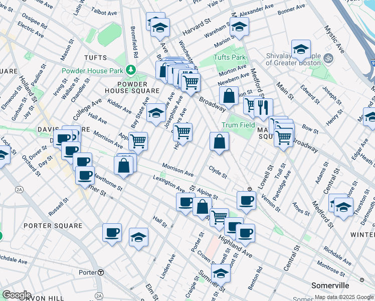 map of restaurants, bars, coffee shops, grocery stores, and more near 40 Pearson Avenue in Somerville