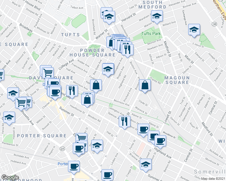map of restaurants, bars, coffee shops, grocery stores, and more near 19 Rogers Avenue in Somerville