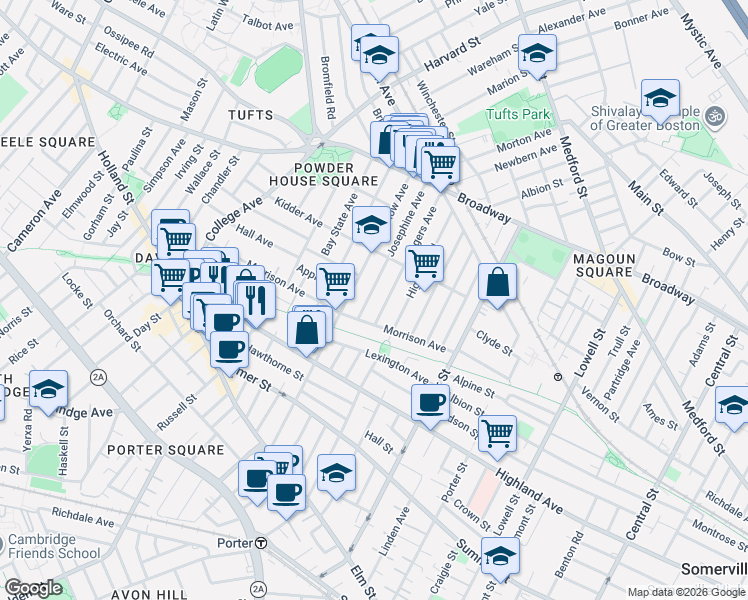map of restaurants, bars, coffee shops, grocery stores, and more near 12 Josephine Avenue in Somerville