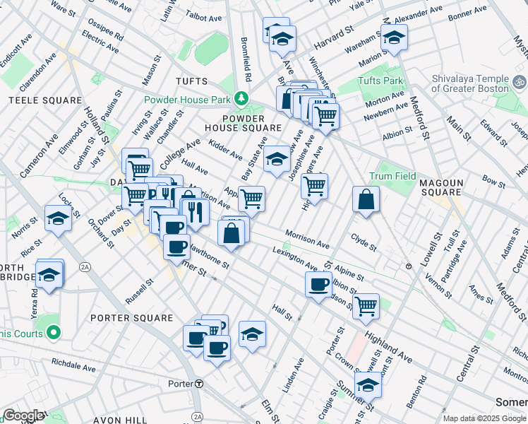 map of restaurants, bars, coffee shops, grocery stores, and more near in Somerville