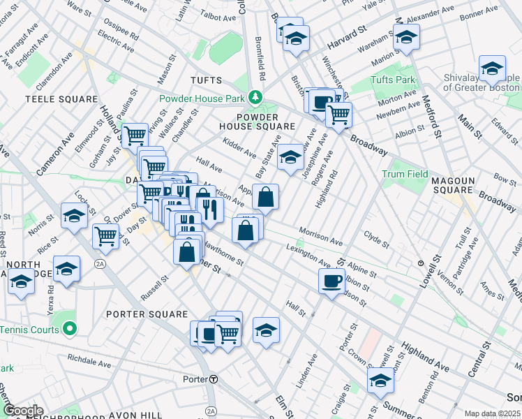 map of restaurants, bars, coffee shops, grocery stores, and more near 125 Morrison Avenue in Somerville