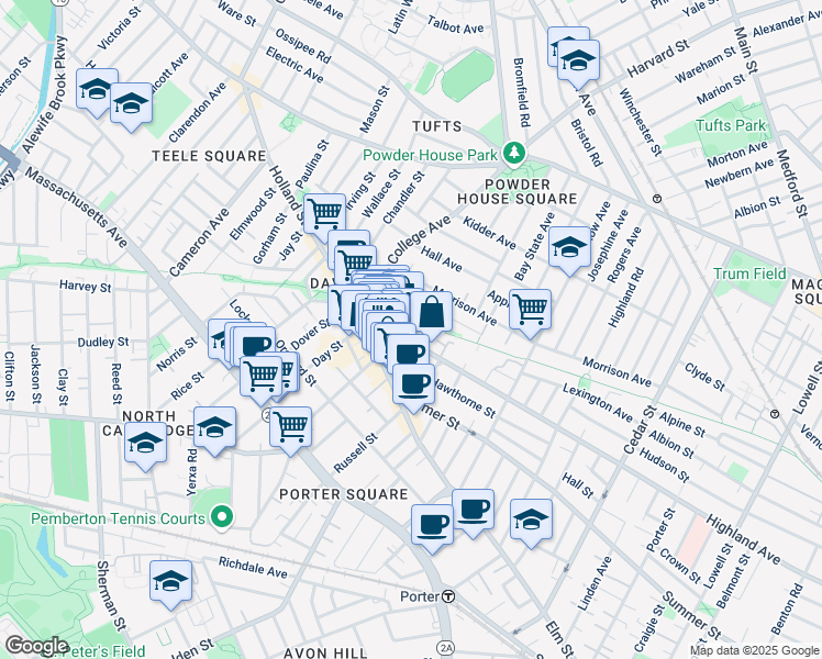 map of restaurants, bars, coffee shops, grocery stores, and more near 403 Highland Avenue in Somerville